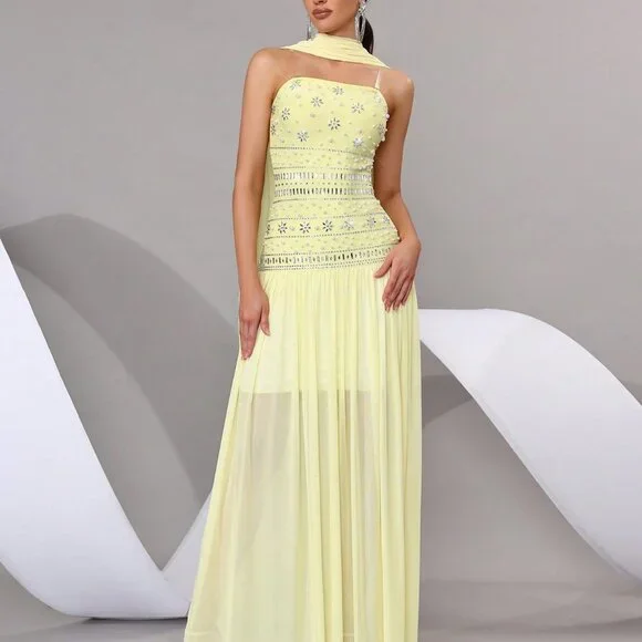 Yellow Chic Women's Strapless Rhinestone Maxi Dress - Picture 4 of 8